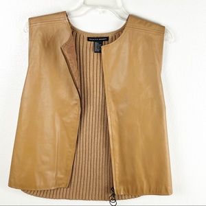 MAURICE SASSON Tan Leather Front Full Zipper Back Cotton Ribbed Vest, Size Large